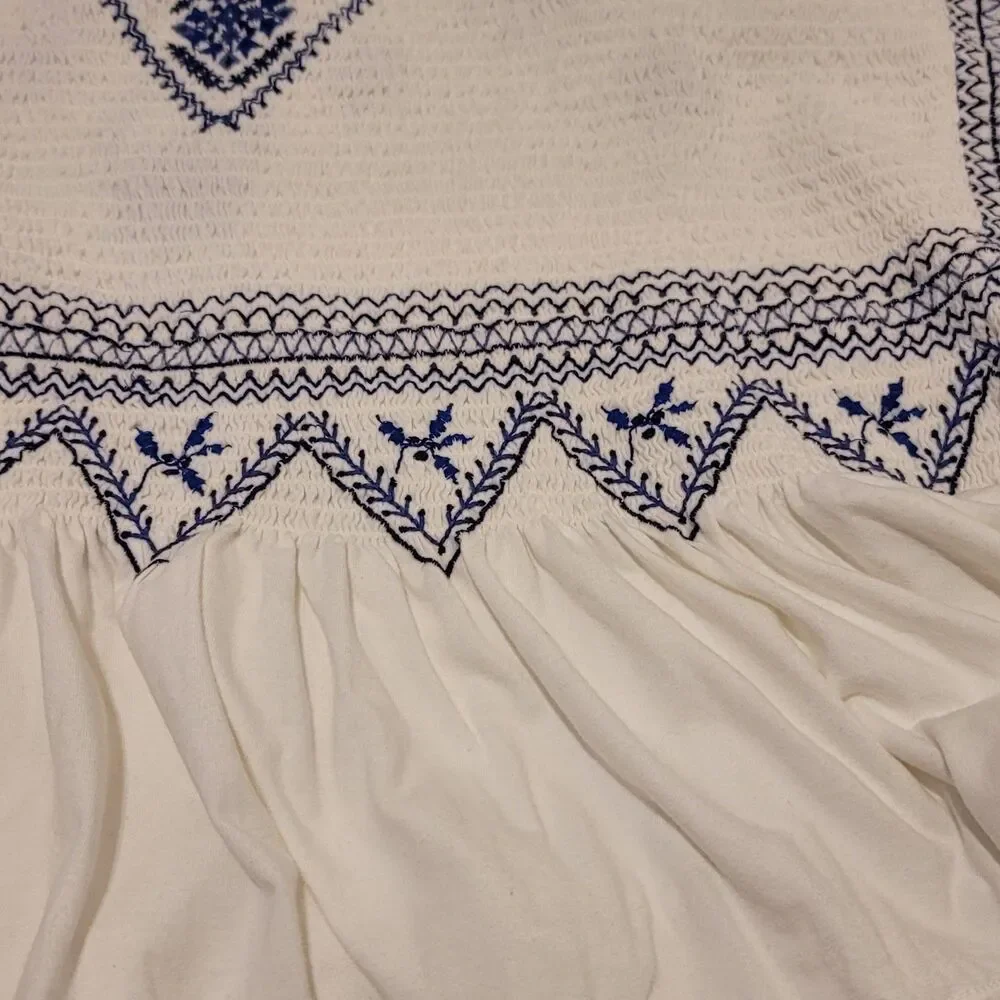 Free People Holly Embroidered Smocked White/Blue Women's Size L Boho Peasant Top
